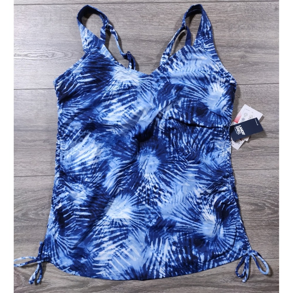 Lands End Tankini Adult Size 8 Blue White Tie Dye V-Neck Swim Top Womens